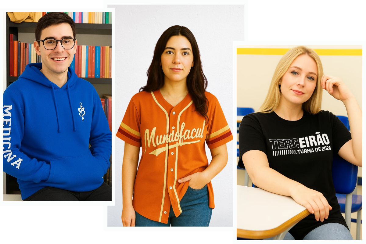 Estudantes usando uniformes personalizados da Mundo Facul para cursos, formandos e terceirão